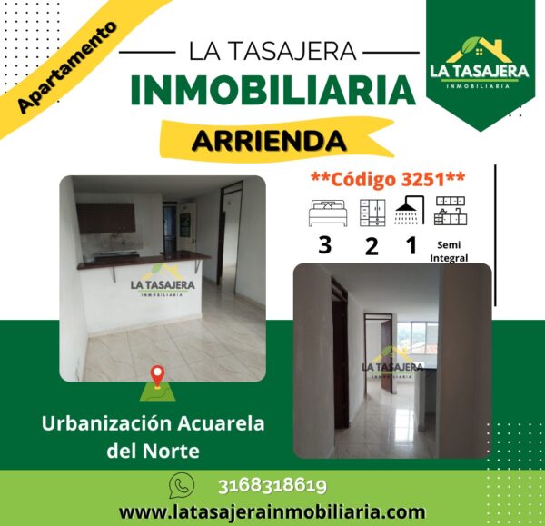 Apartamento en Arriendo en Copacabana | Acuarela del Norte – Código 3251 Mes/$900.000 | 2do Piso | 3 Alcobas