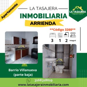 Apartamento en arriendo en Copacabana Barrio Villanueva Parte Baja, 2do piso, tres habitaciones código 3260