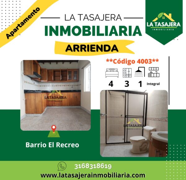 Apartamento en Arriendo – Copacabana (Barrio El Recreo) | 4 Alcobas, 1 Baños + Cocina Integral | La Tasajera Inmobiliaria cod-4003