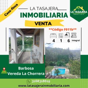 🌳Casa-Finca en Venta en Barbosa | Vereda La Chorrera – Código F011B $1.200.000.000 | 3.000 m² | 4 Alcobas | 6 Baños | Piscina