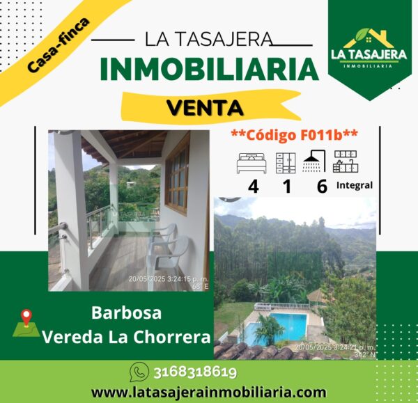 🌳Casa-Finca en Venta en Barbosa | Vereda La Chorrera – Código F011B $1.200.000.000 | 3.000 m² | 4 Alcobas | 6 Baños | Piscina