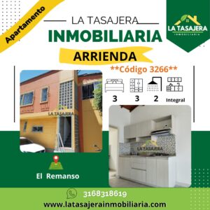 Bien Ubicado y Tranquilo Sector se Arrienda Apartamento en Barrio El Remanso – Código 3266, Tres Habitaciones y Dos Baños
